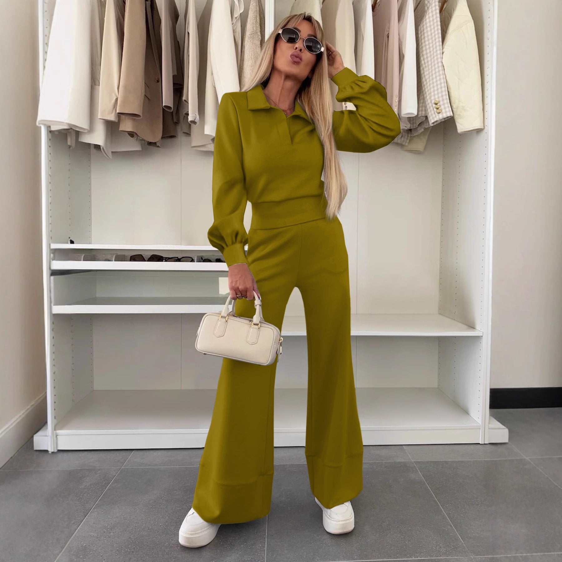 Women's Two Piece Lounge Set with Polo Collar and High Waist Palazzo Pants Chichicherry