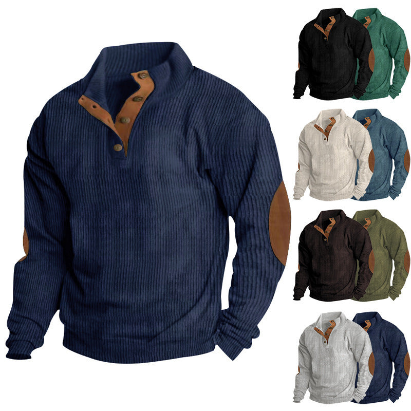 Men's Waffle Knit Henley Sweater with Stand-Up Collar and Elbow Patches Chichicherry