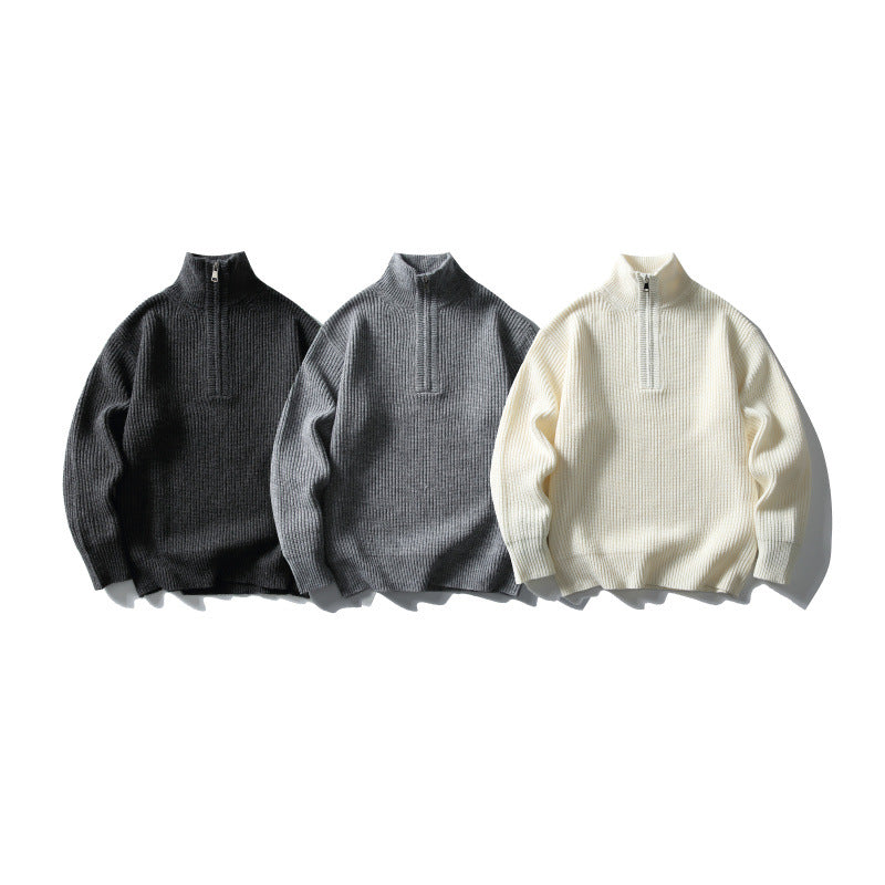 Unisex Structured Half-Zip Knit Sweater with High Stand-Up Collar and Ribbed Rib Knit Chichicherry