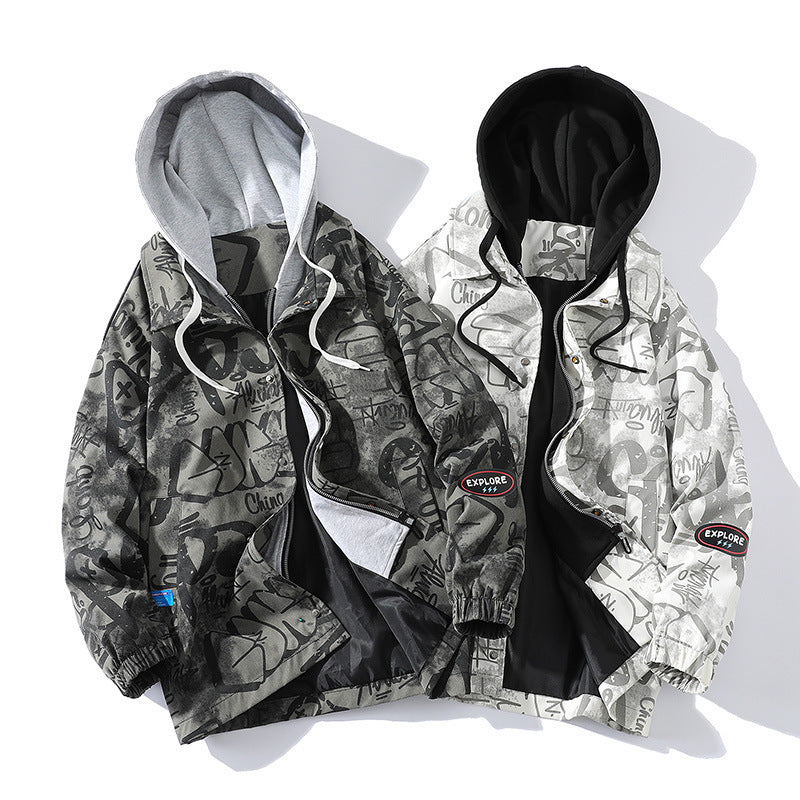 Men's Graffiti Print Hooded Parka with Zip-In Fleece Inner Layer Chichicherry