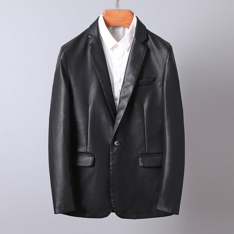 Men's elegant faux leather blazer with tailored fit and single-button closure Chichicherry