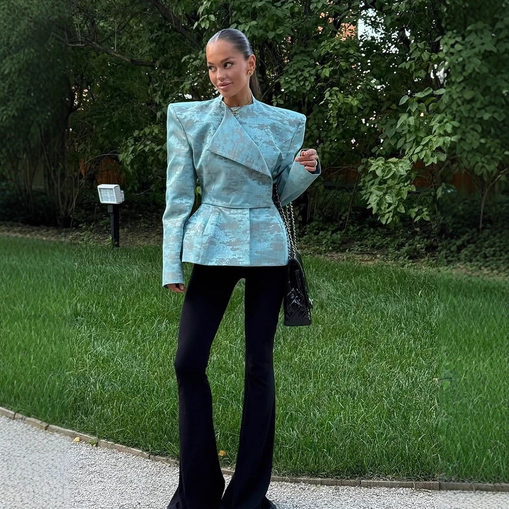 Ladies Tailored Jacquard Blazer with Defined Shoulders, Peplum and Asymmetrical Lapel Chichicherry
