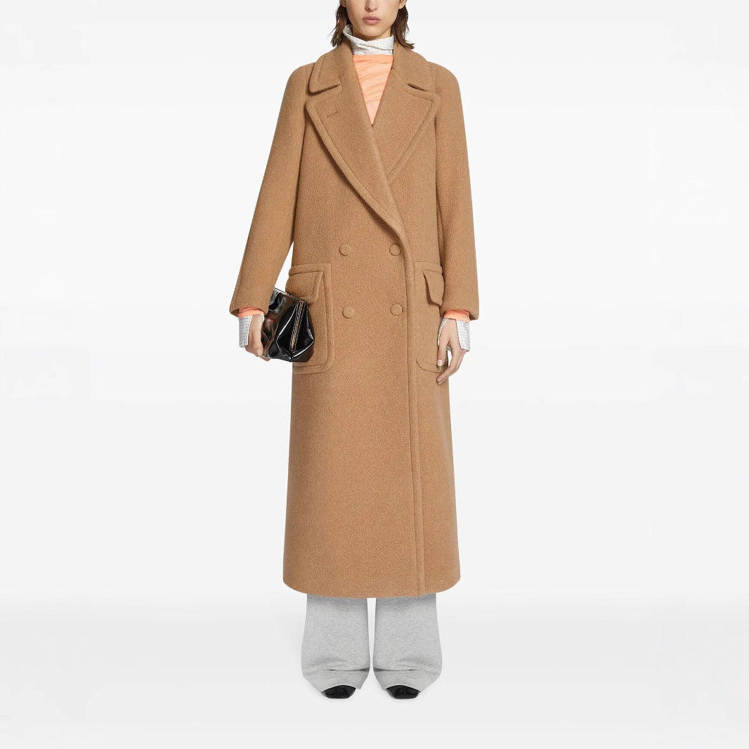Women's Maxi Double-Breasted Wool Coat with Oversized Lapels and Flap Pockets Chichicherry
