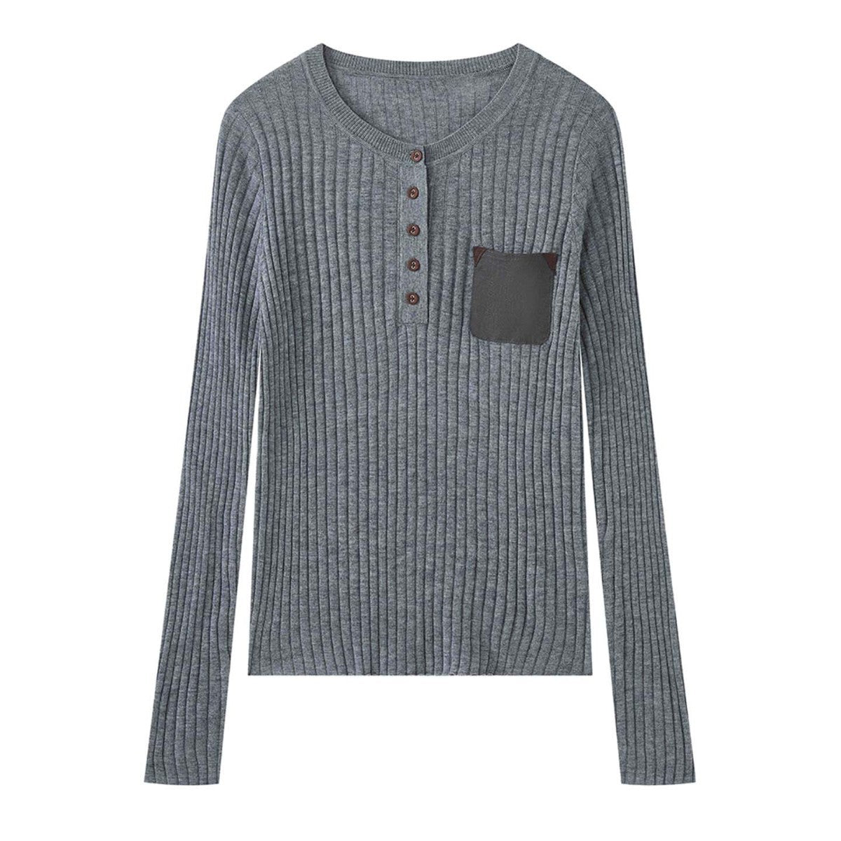 Ladies Ribbed Fine Knit Henley Shirt with Chest Pocket Chichicherry