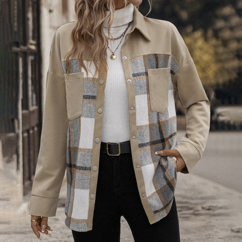 Women’s Oversized Shirt Jacket with Checked Front Panel, Snap Button Closure and Patch Chest Pockets Chichicherry