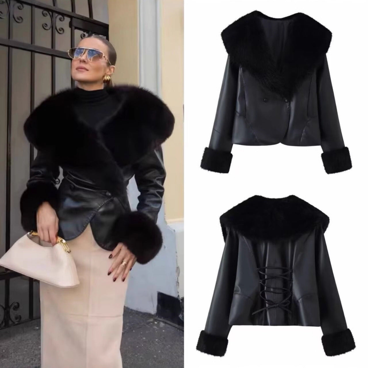 Women's short jacket made of synthetic leather with voluminous faux fur collar and fur cuffs Chichicherry