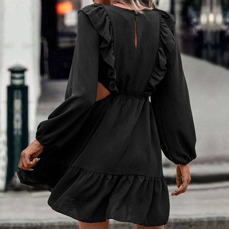 Women's short dress with cut-outs, ruffle detail & balloon sleeves Chichicherry