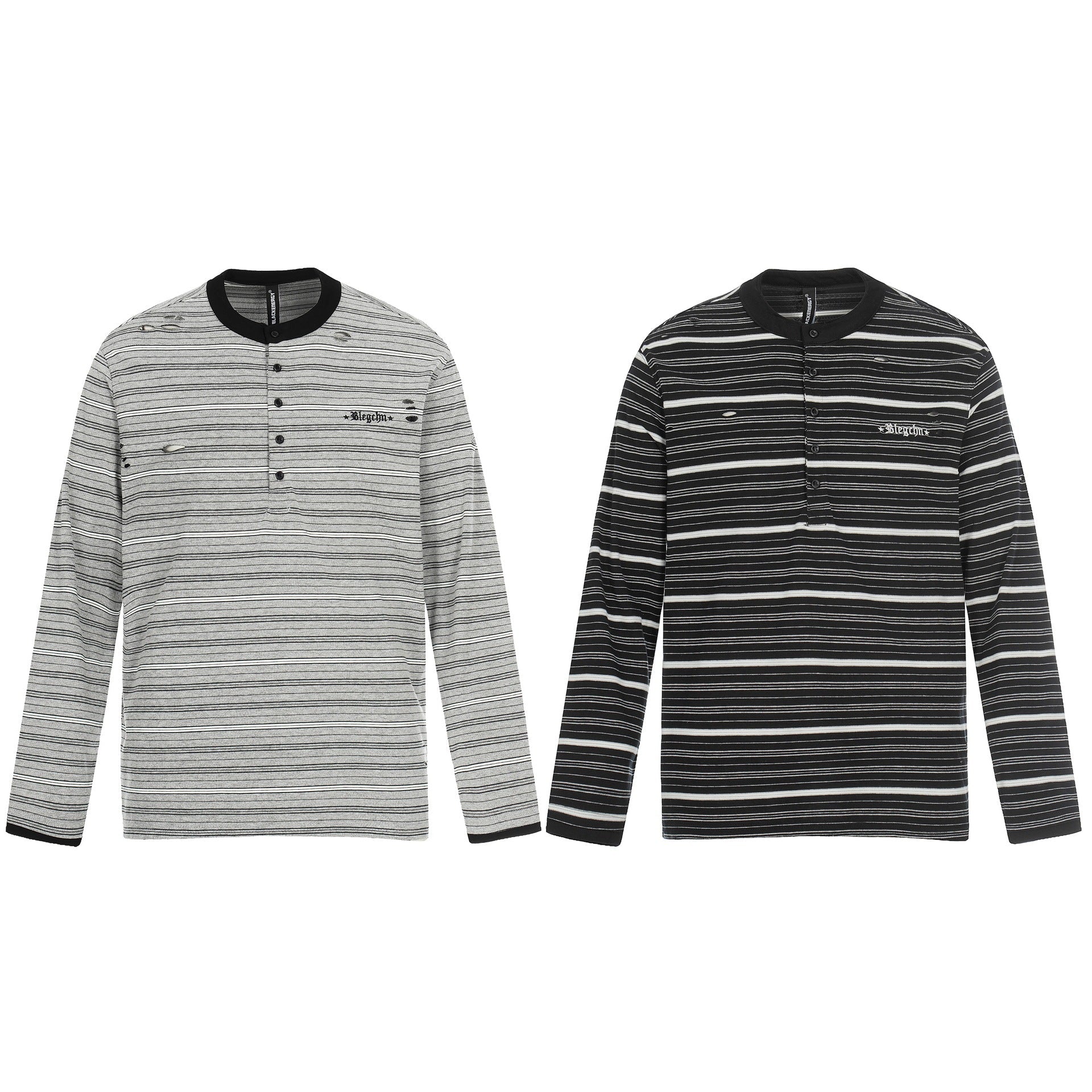 Men's Long Sleeve Henley Shirt with Striped Pattern and Distressed Details Chichicherry