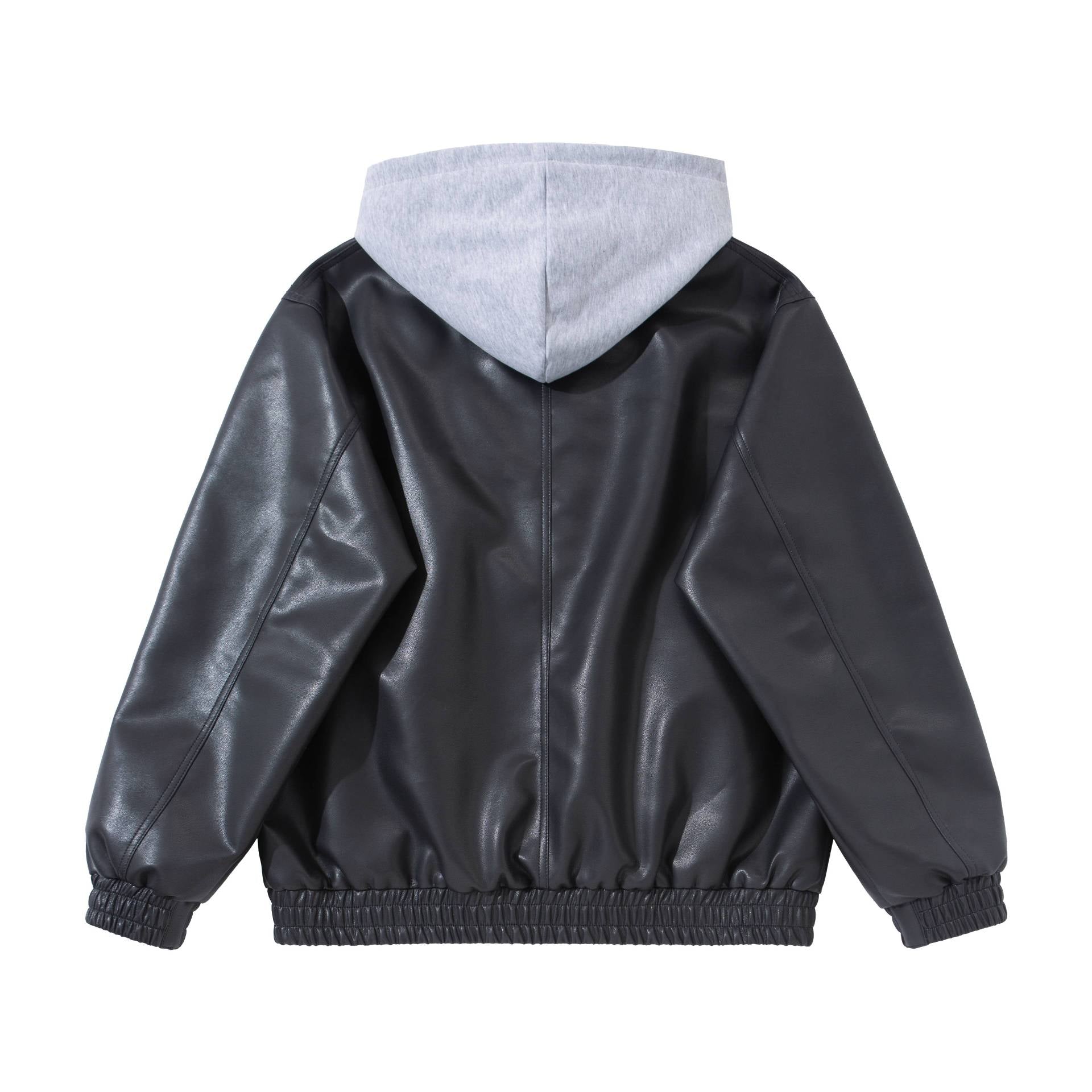 Men's Boxy Leather Blouson with Attached Jersey Hood and Ribbed Hem Chichicherry