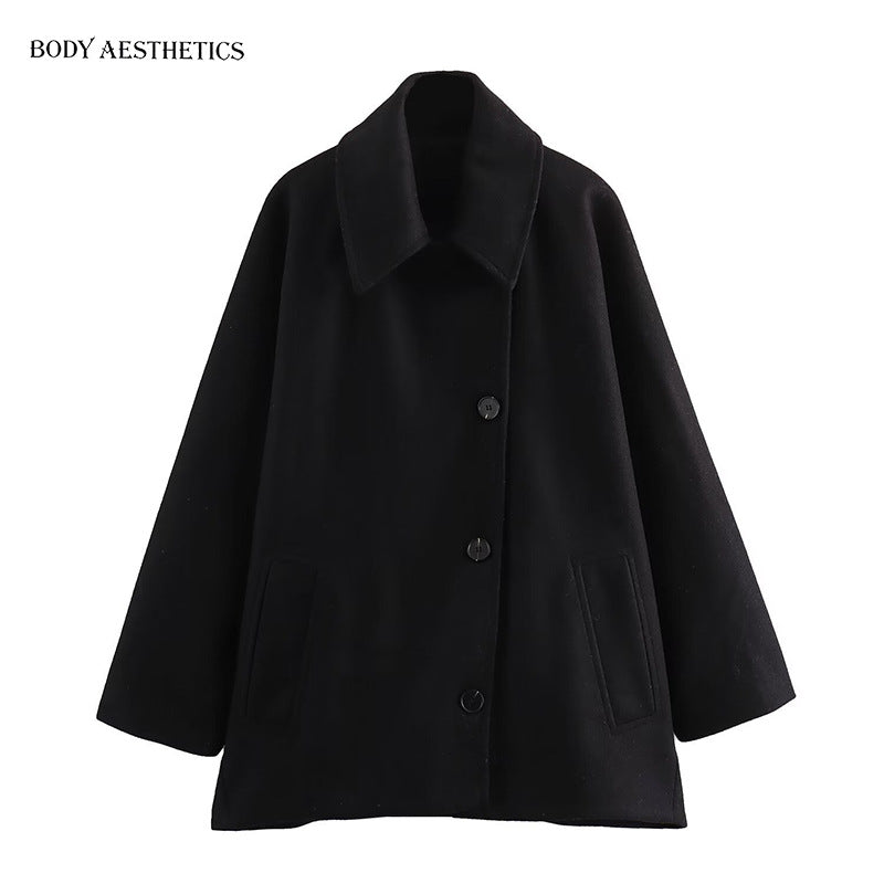 Women Oversized Wool Blend Boxy Short Coat with Lapel Collar and Insert Pockets Chichicherry