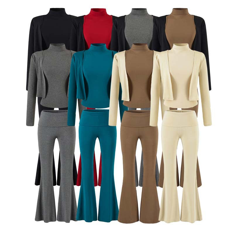 Women's Loungewear Set with Bolero, Turtleneck Cropped Top and Flared Trousers Chichicherry
