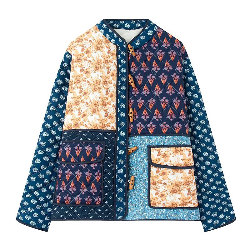 Women Padded Patchwork Quilted Jacket with Toggle Closures and Patch Pockets Chichicherry