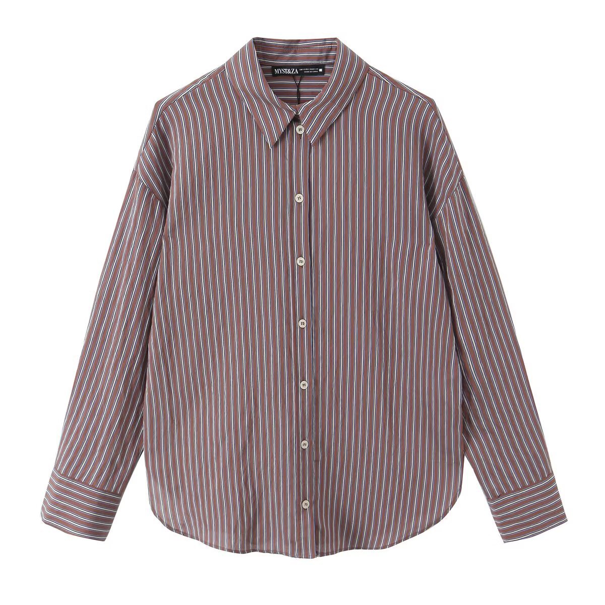 Women's Oversized Shirt Blouse with Vertical Stripe Pattern and Full Button Placket Chichicherry