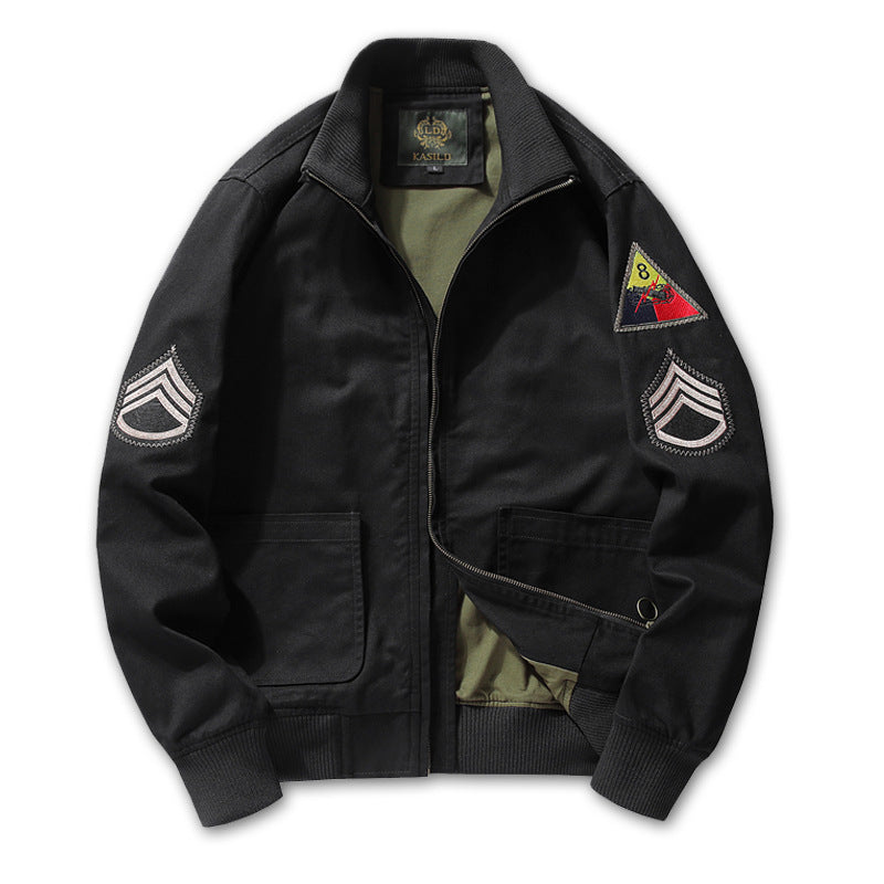 Men's military-inspired canvas bomber jacket with patches, stand-up collar, and utility pockets Chichicherry