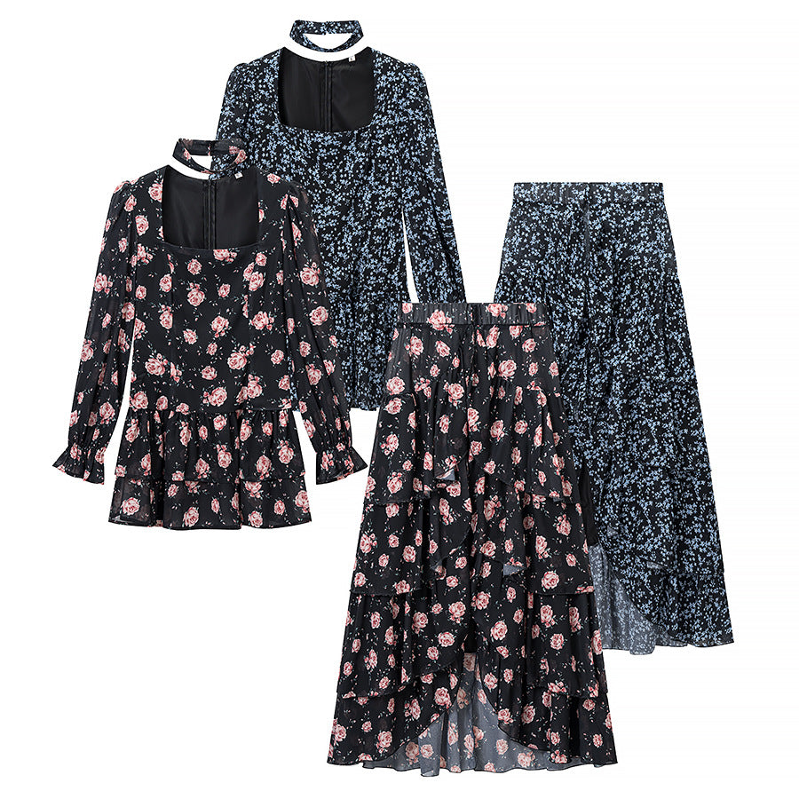 Women’s Two-Piece Chiffon Set – Tailored Ruffle Blouse with Square Neckline, Choker and Tiered Wrap Maxi Skirt Chichicherry