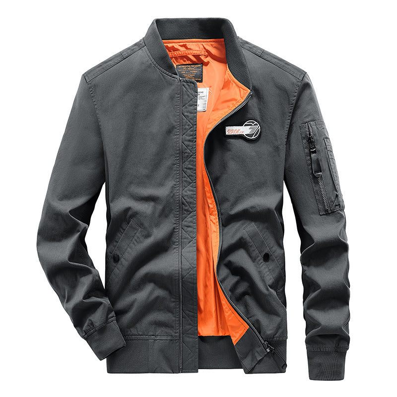 Men's pilot style bomber jacket with contrast color lining, arm pocket, and ribbed hem Chichicherry