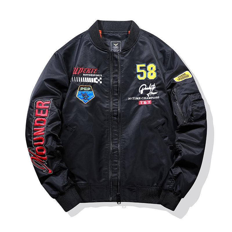 Men's utility bomber jacket in pilot style with sleeve pockets and embroidered patches Chichicherry