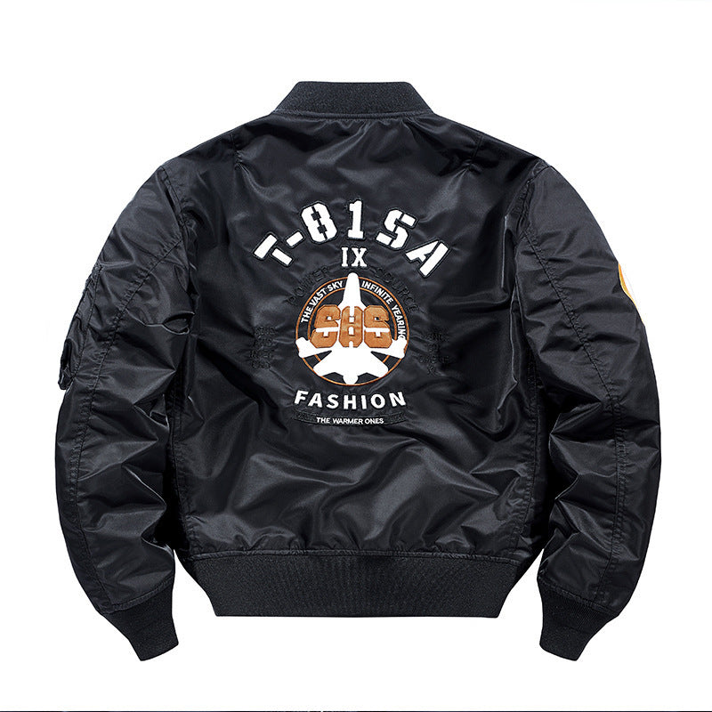 Men's lightweight pilot bomber jacket with badge appliqués, arm pocket, and ribbed cuffs Chichicherry