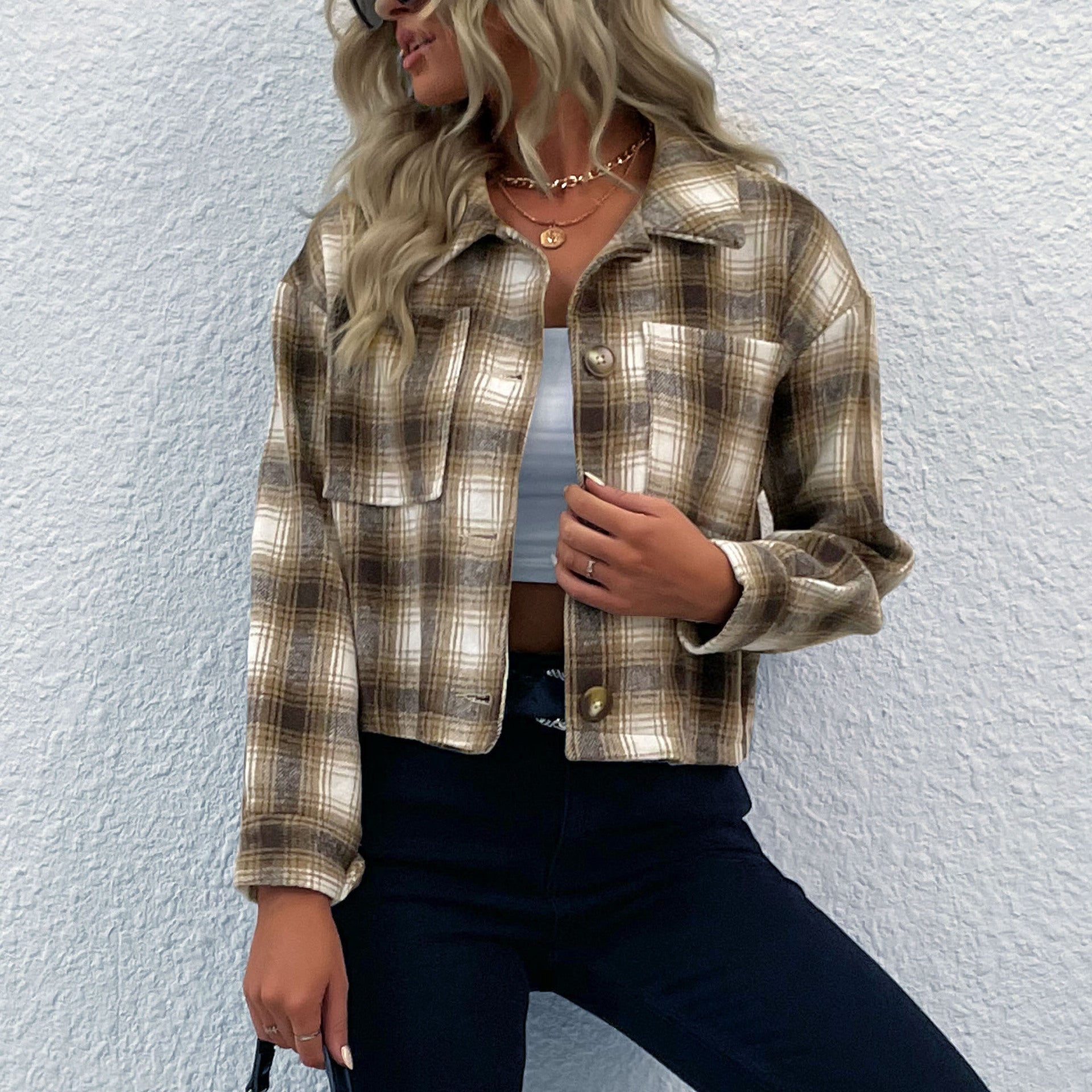 Women's Checked Cropped Transitional Jacket with Shirt Collar Chichicherry