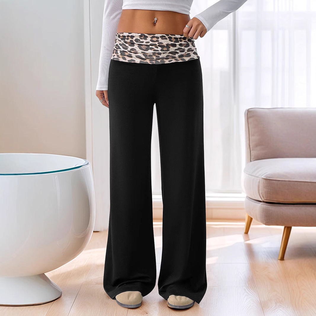 Women’s Loose Lounge Pants with Turned-Down Leopard Waistband and High Waist Chichicherry
