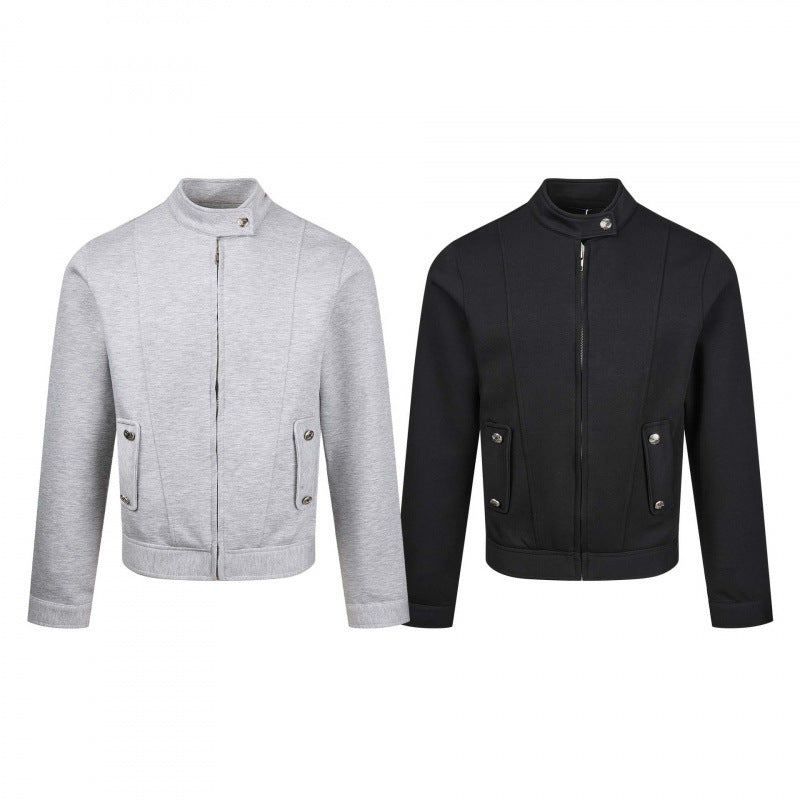 Men's short-cut jersey bomber jacket with high stand-up collar, concealed zipper and flap pockets Chichicherry
