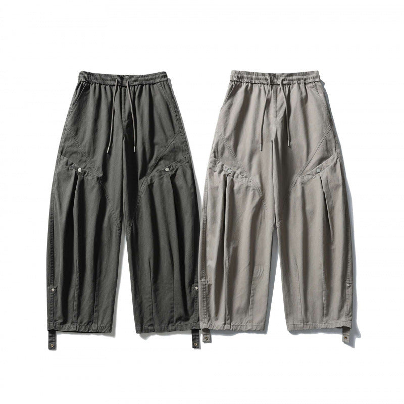Unisex Wide Cropped Cargo Pants with Drawstring Waistband, Multifunctional Flap Pockets, and Adjustable Leg Straps Chichicherry