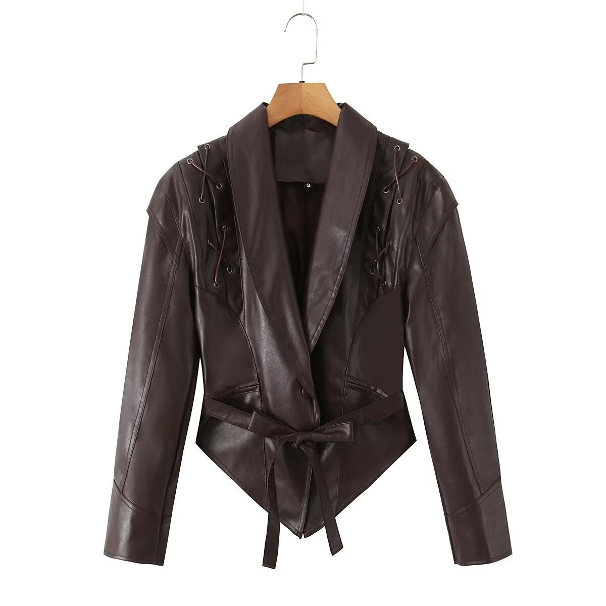 Women's tailored faux leather blazer with lacing details at the shoulders and tie belt Chichicherry