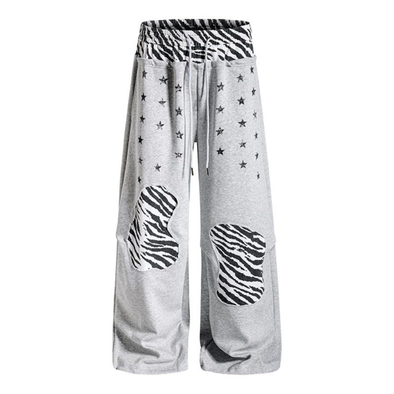 Women's Casual Palazzo Jogging Pants with Elastic Waistband, Zebra Knee Patches and Star Print Chichicherry