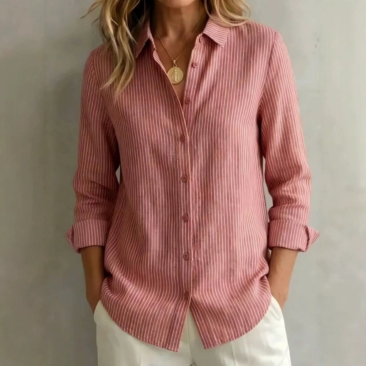 Women's lightweight shirt with fine pinstripe relaxed fit and button placket Chichicherry