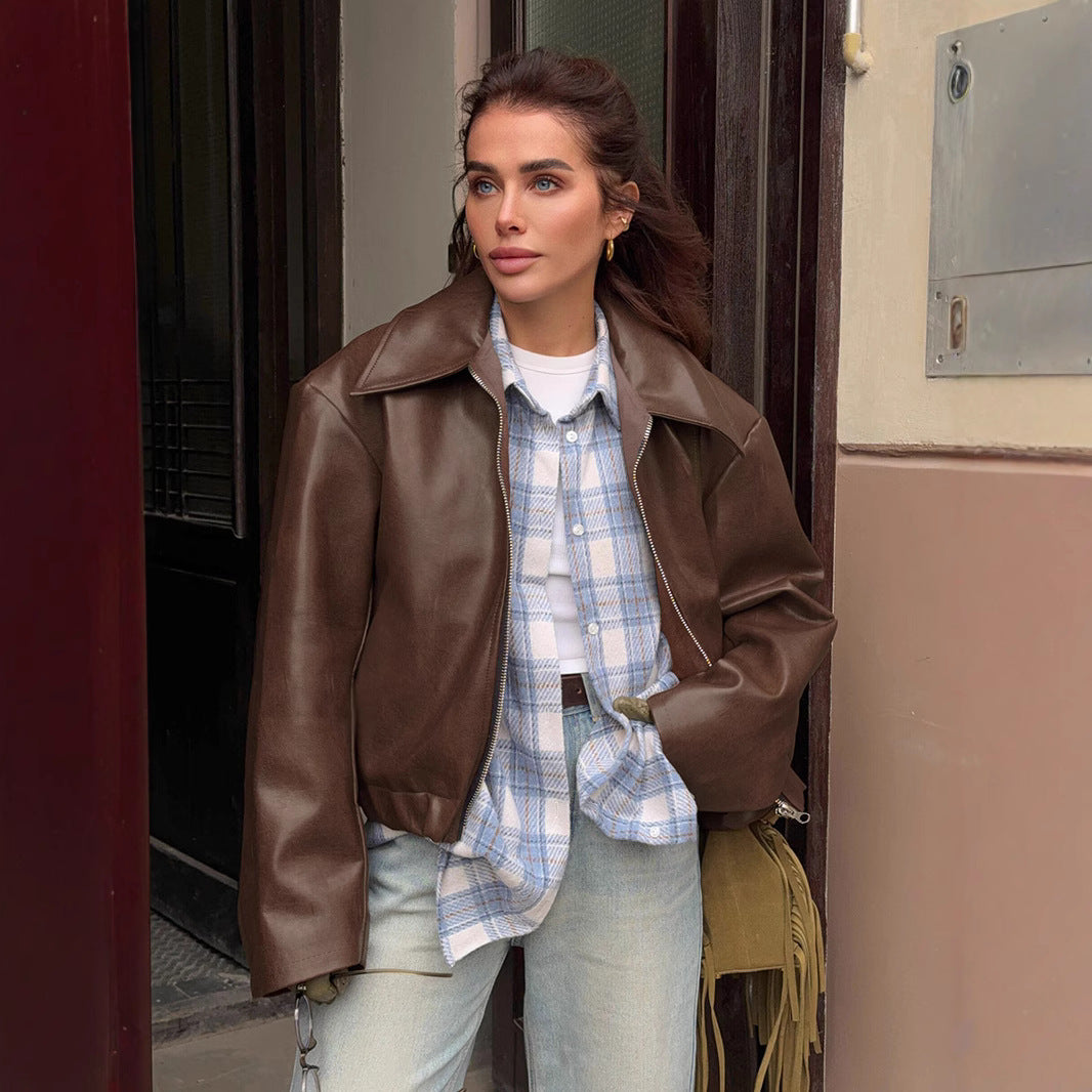Women's Short Oversized Faux Leather Jacket with Shirt Collar and Elastic Hem Chichicherry