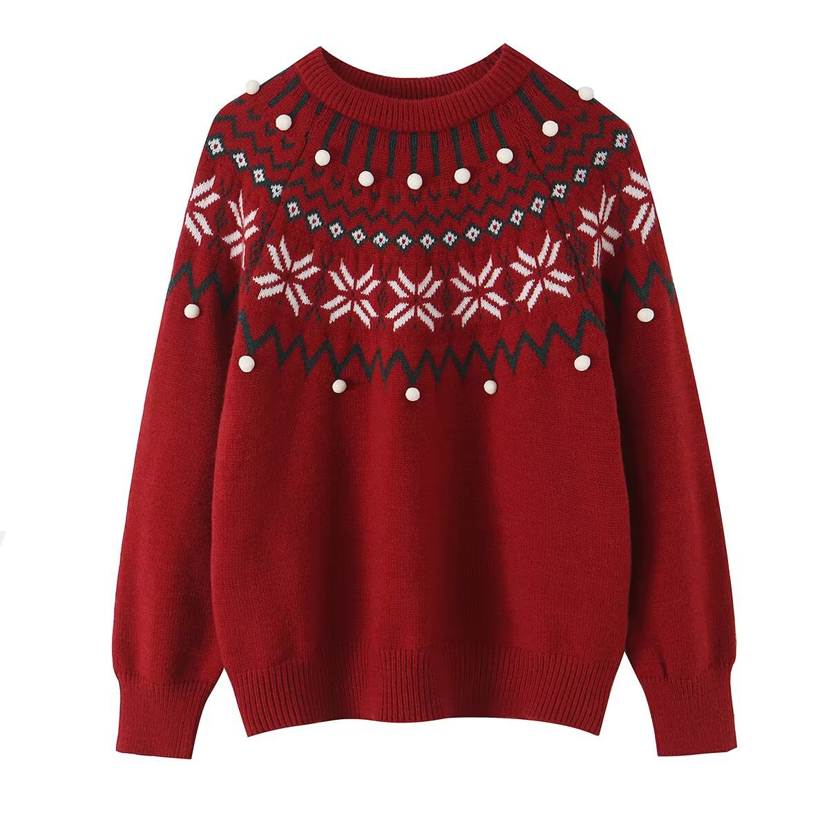 Women's knit sweater with Norwegian border and attached decorative pompons Chichicherry