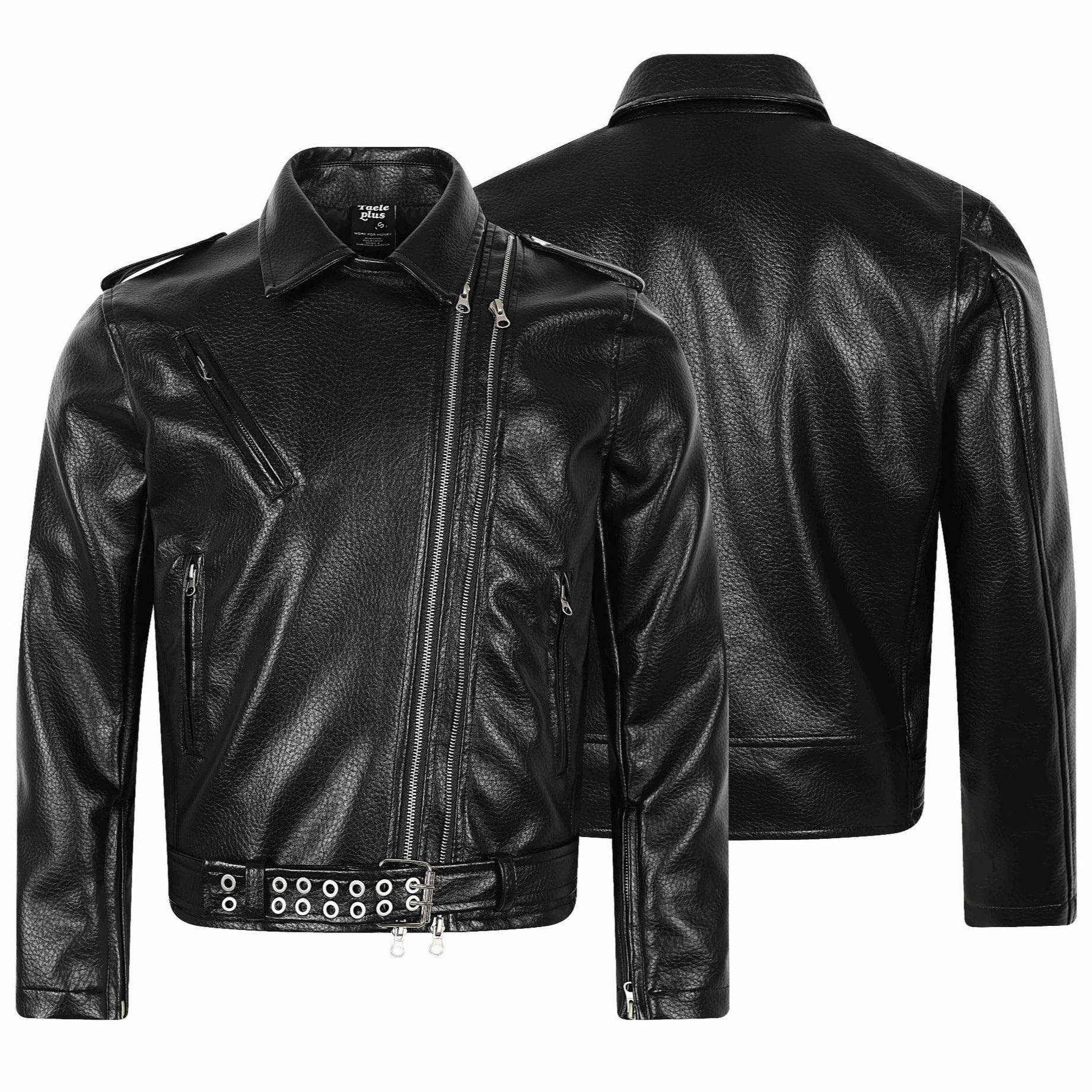 Men's Asymmetrical Biker Jacket Made of Faux Leather with Studded Hem and Multiple Zippers Chichicherry