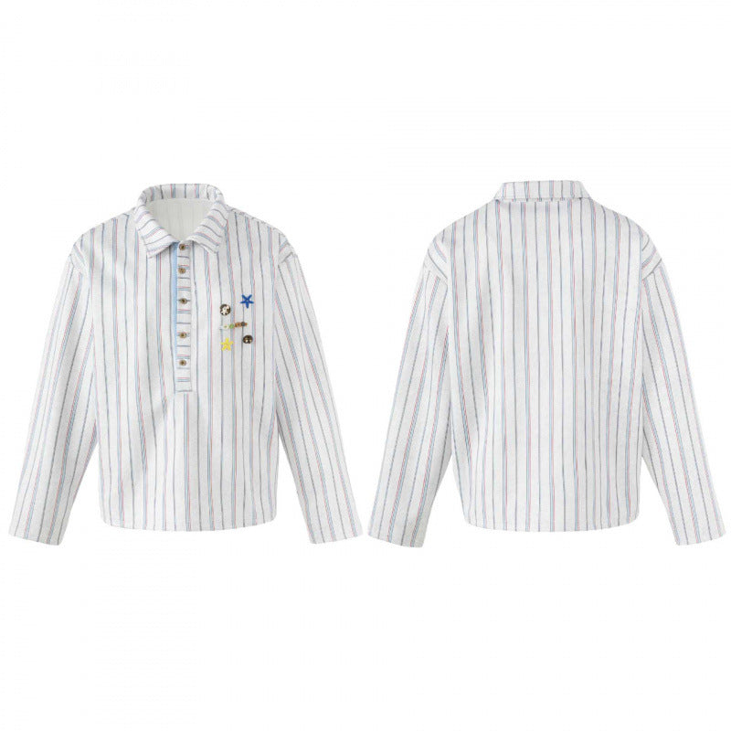 Unisex Striped Overshirt with Henley Button Placket and Decorative Pin Details Chichicherry