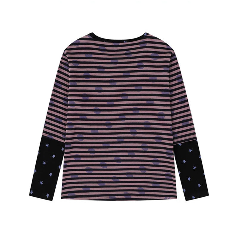Women Striped Henley Long Sleeve Shirt with Contrast Sleeves, Star Print and Decorative Stone Motifs Chichicherry