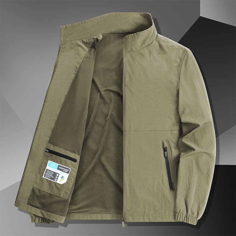Men's Lightweight Cotton Blend Transitional Jacket with Stand-Up Collar and Concealed Zipper Chichicherry