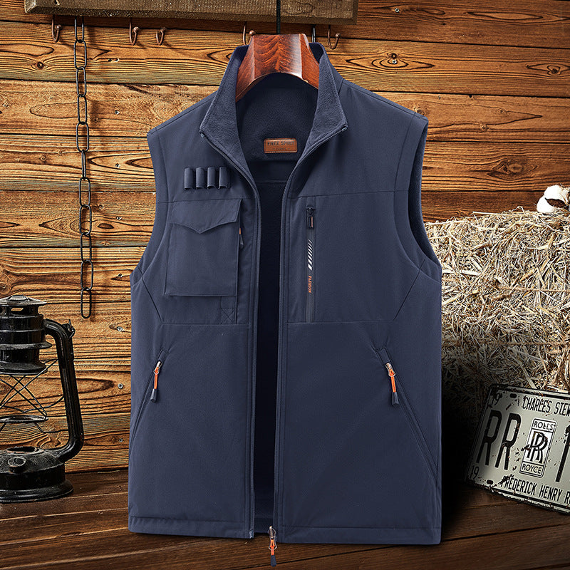Men's Sleeveless Softshell Outdoor Vest with Fleece Lining, High Stand Collar and Multifunctional Pockets Chichicherry