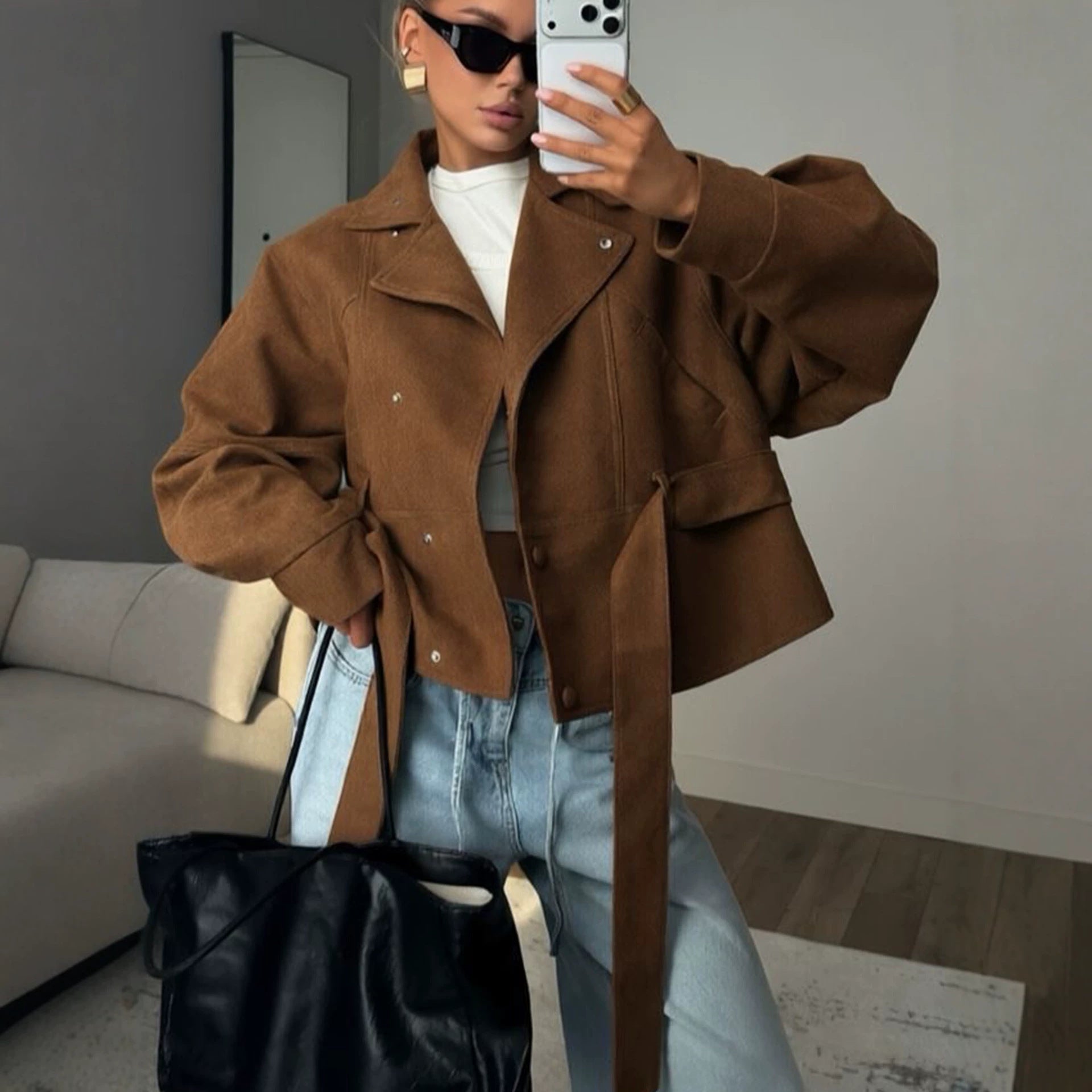 Ladies Tailored Short Jacket in Blouson Style with Tie Belt and Stand-Up Collar Chichicherry