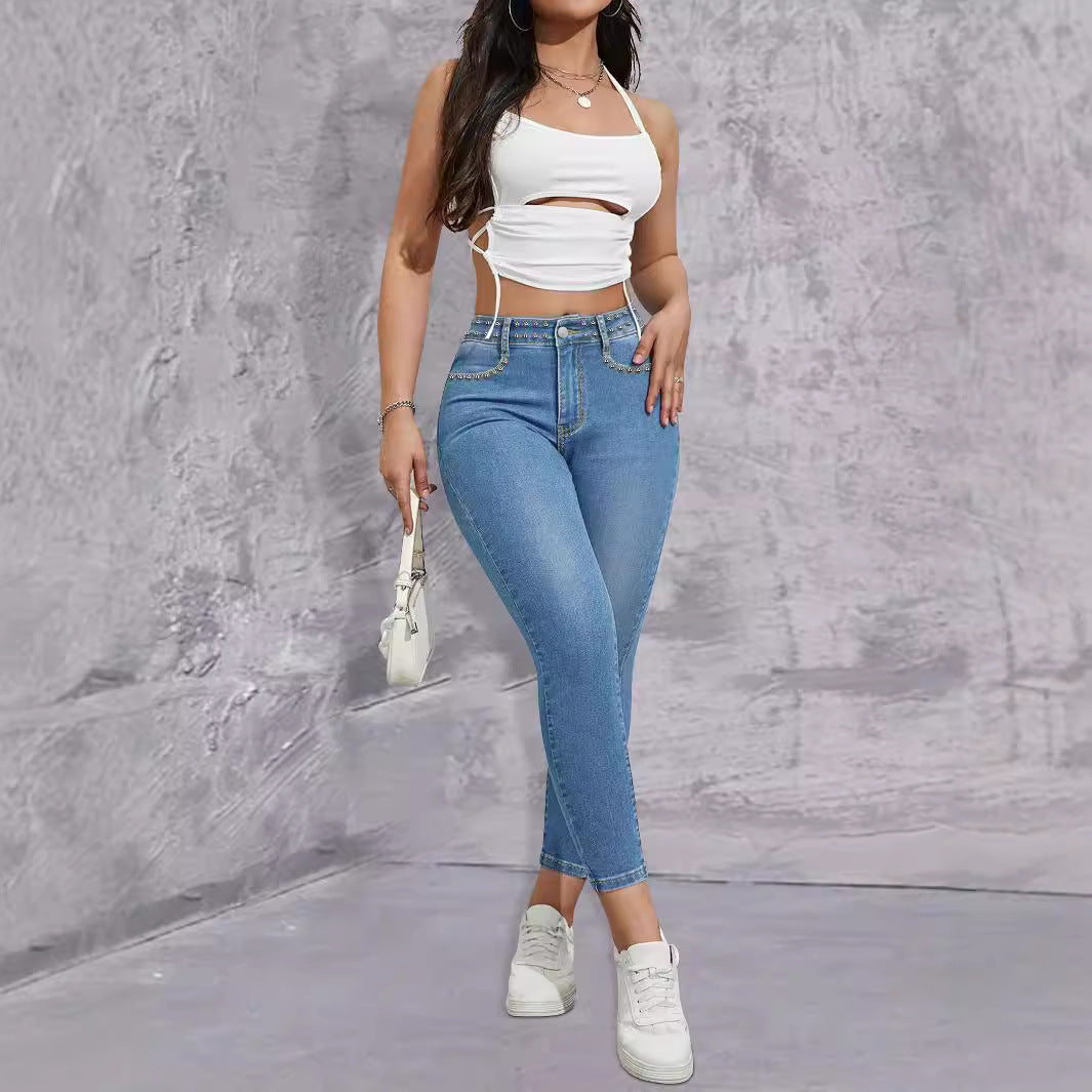 Ladies high-waisted skinny jeans with rhinestone embellishments and ankle-length cut Chichicherry