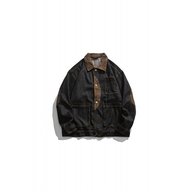 Men's Boxy Denim Work Jacket with Cord Collar, Flap Pockets and Elbow Patches Chichicherry