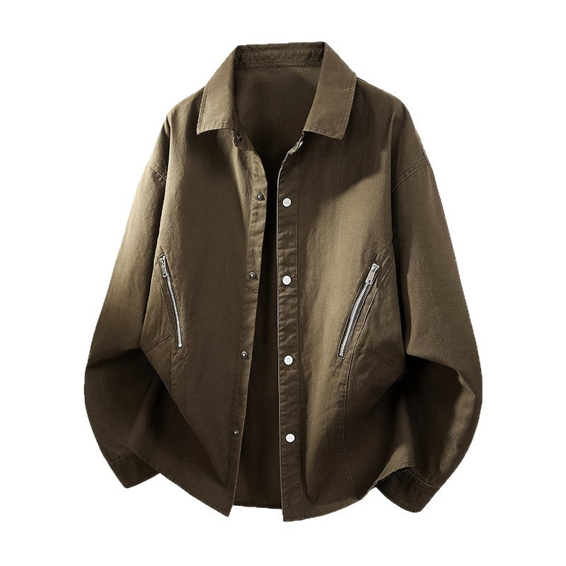 Men's Oversized Shirt Jacket in Worker Style with Angled Zipper Pockets and Snap Placket Chichicherry
