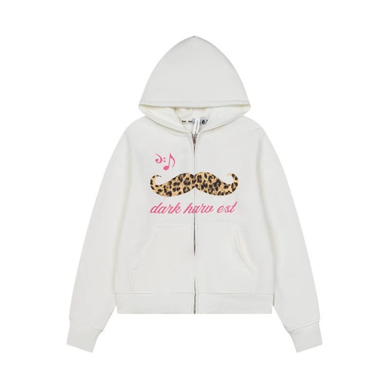 Women's hooded sweatshirt jacket with full zip, kangaroo pockets and playful leopard mustache print Chichicherry