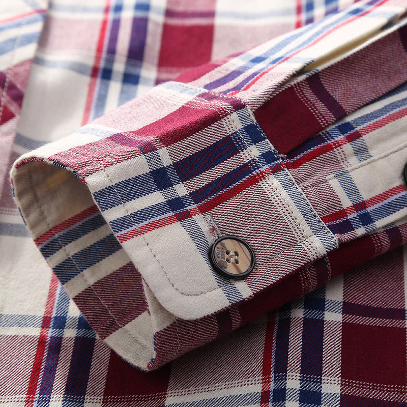 Men's Checked Cotton Flannel Shirt Jacket with Chest Flap Pockets and Shirt Collar Chichicherry