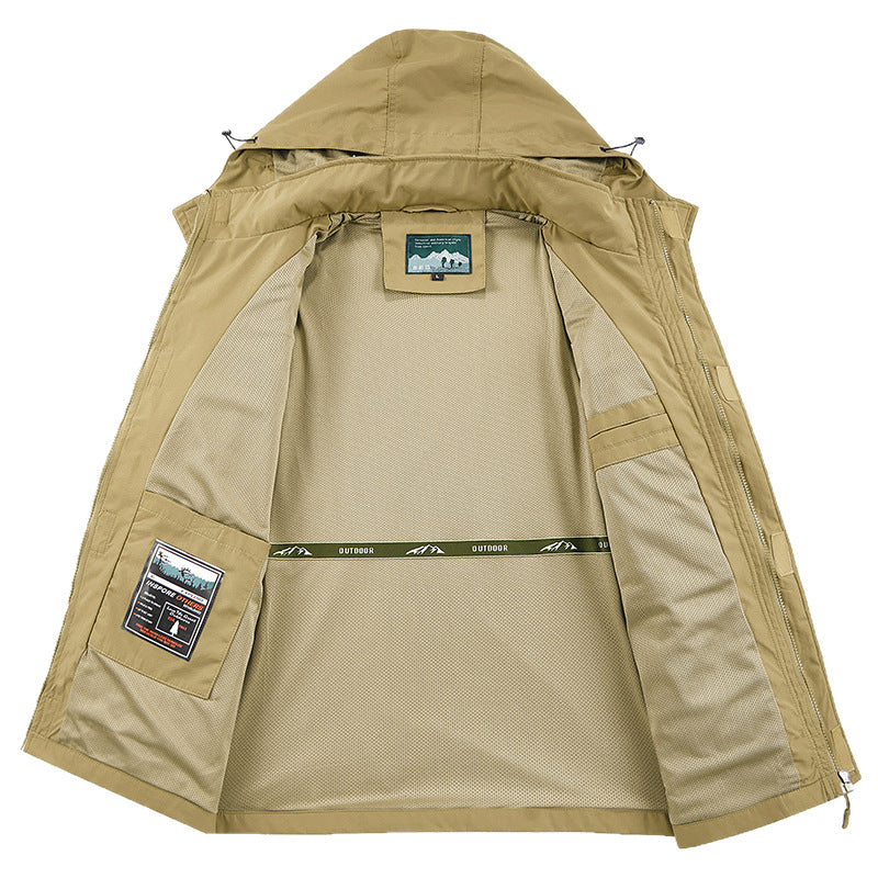Men's Field Utility Outdoor Jacket with Hood, Multi-Pockets and Mesh Lining Chichicherry