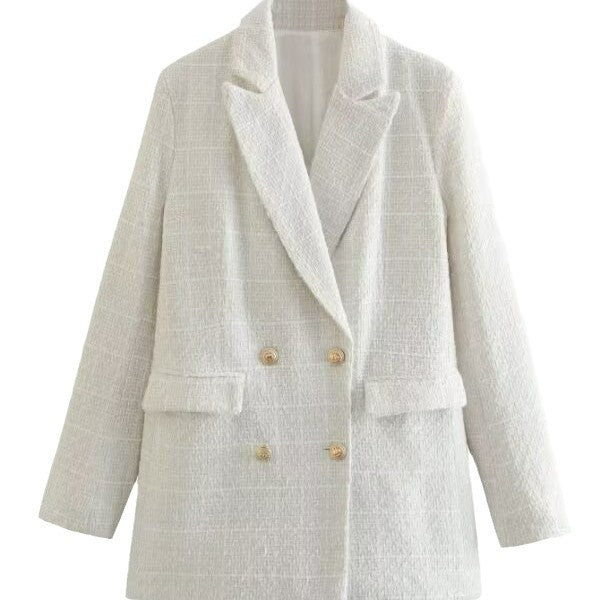 Women's Double-Breasted Boucle Tweed Blazer with Shawl Collar and Flap Pockets Chichicherry