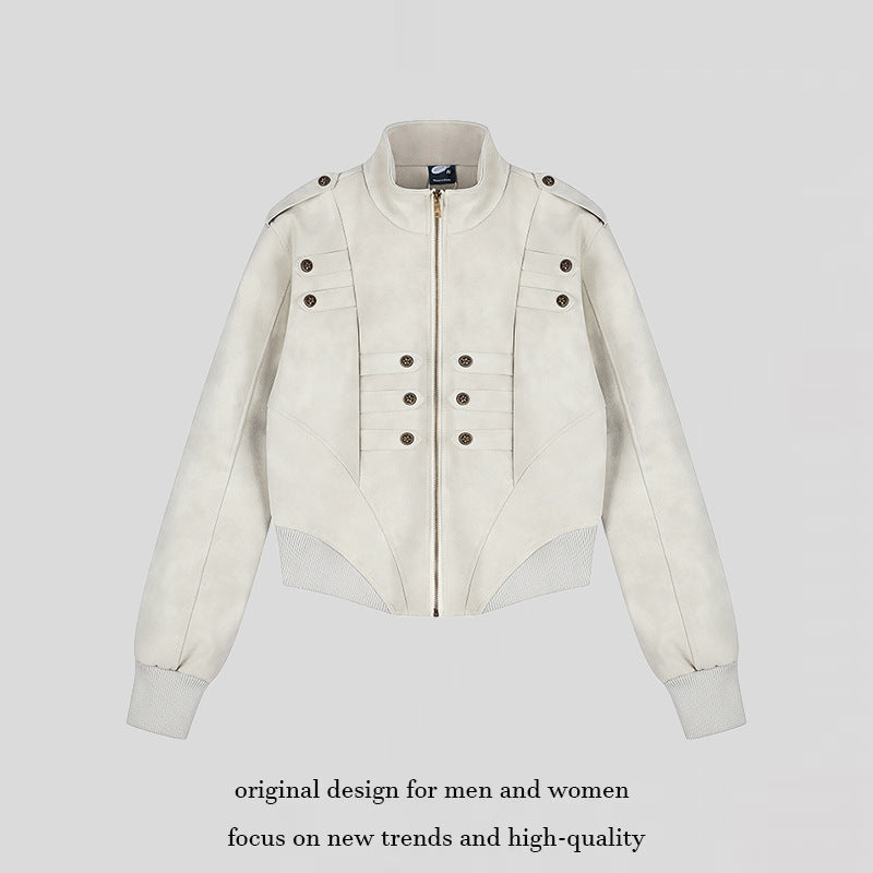Women's Cropped Bomber Jacket with Stand-Up Collar, Shoulder Patches and Decorative Button Placket Chichicherry