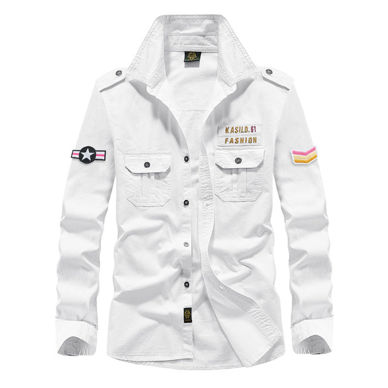 Men's military-inspired shirt jacket with shoulder epaulets, chest patch pockets, and badge patches Chichicherry