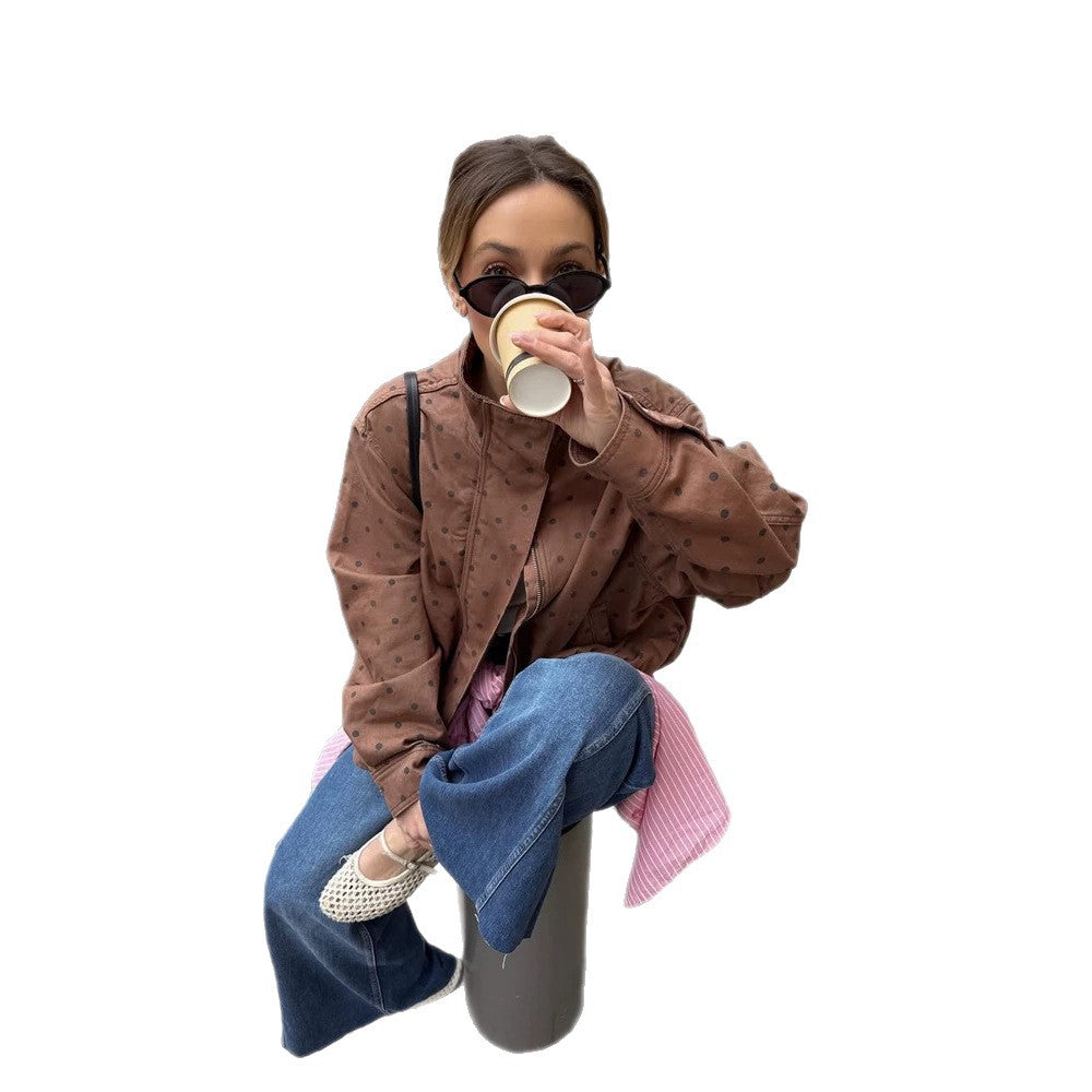 Women Two-Piece Polka Dot Loungewear Set made of Cotton Blend with Boxy Jacket and High-Waisted Wide Leg Pants Chichicherry
