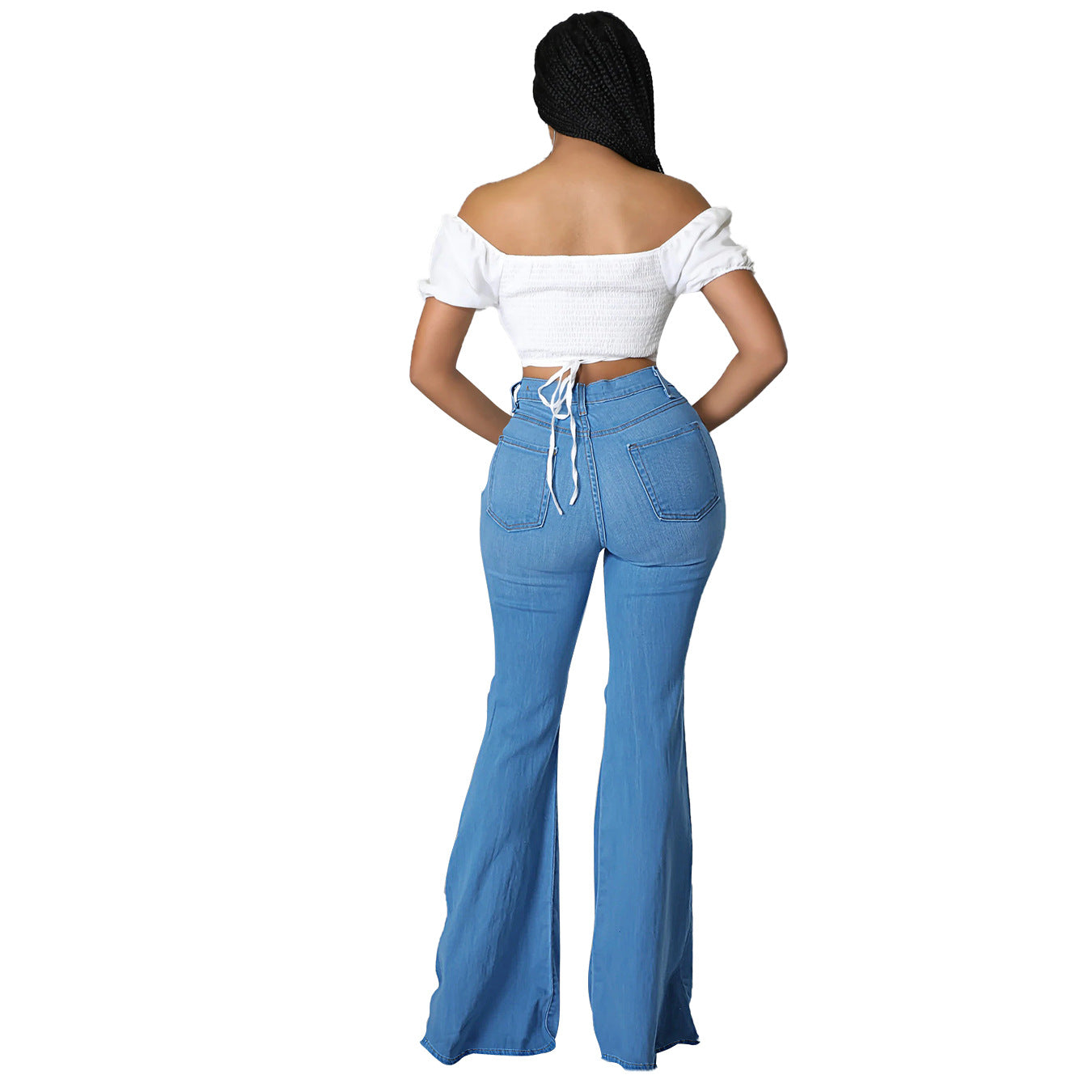 Women's high-waisted flared pants made of stretch denim with knee rips and shaping waistband Chichicherry