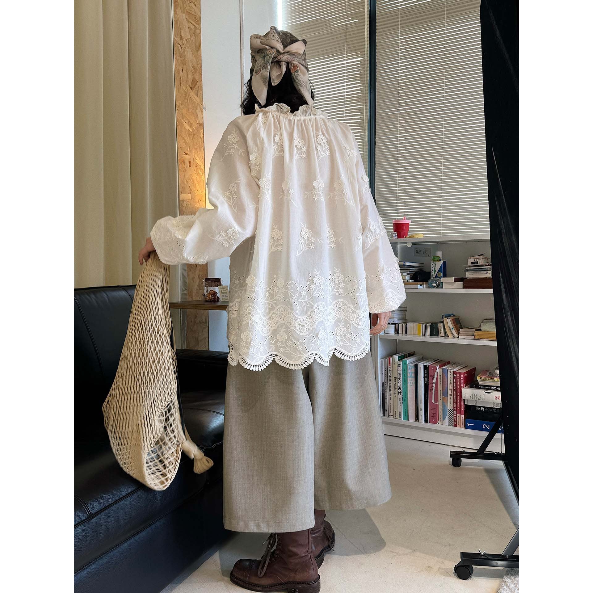 Ladies Embroidered Cotton Lace Blouse with Voluminous Sleeves and V-Neck Dress