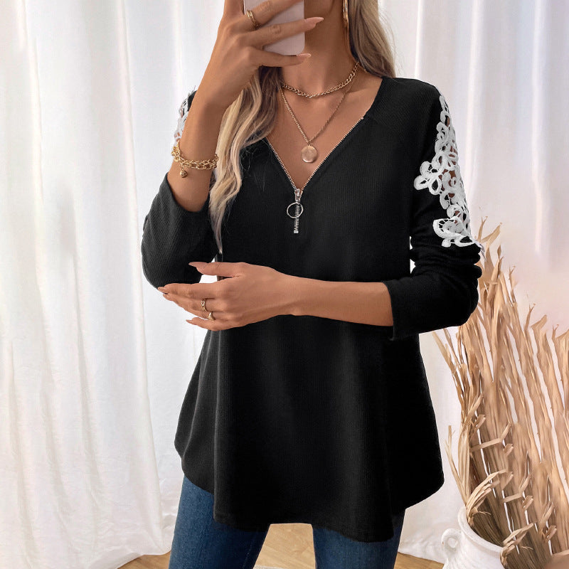 Women's Long Sleeve Tunic with V-Neck, Zipper and Floral Lace Sleeves Chichicherry
